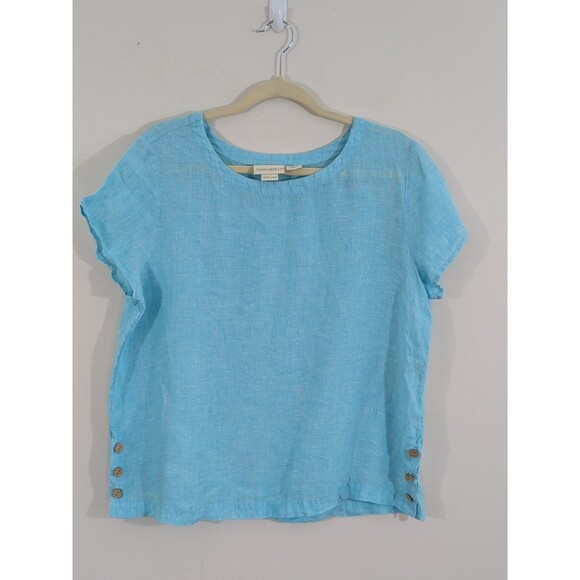 CYNTHIA ROWLEY Tunic Top Womens 100% Linen Short Sleeve Boxy Shirt Aqua Sz L - Picture 1 of 7